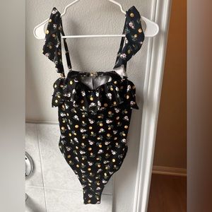 Victoria's Secret Swimsuit  Large One Piece Black Lemons Floral Ruffles